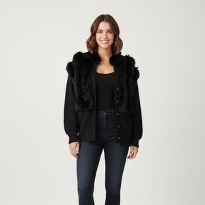 Vintage Black Angora Fur Beaded  Unique Soft Cardigan size M